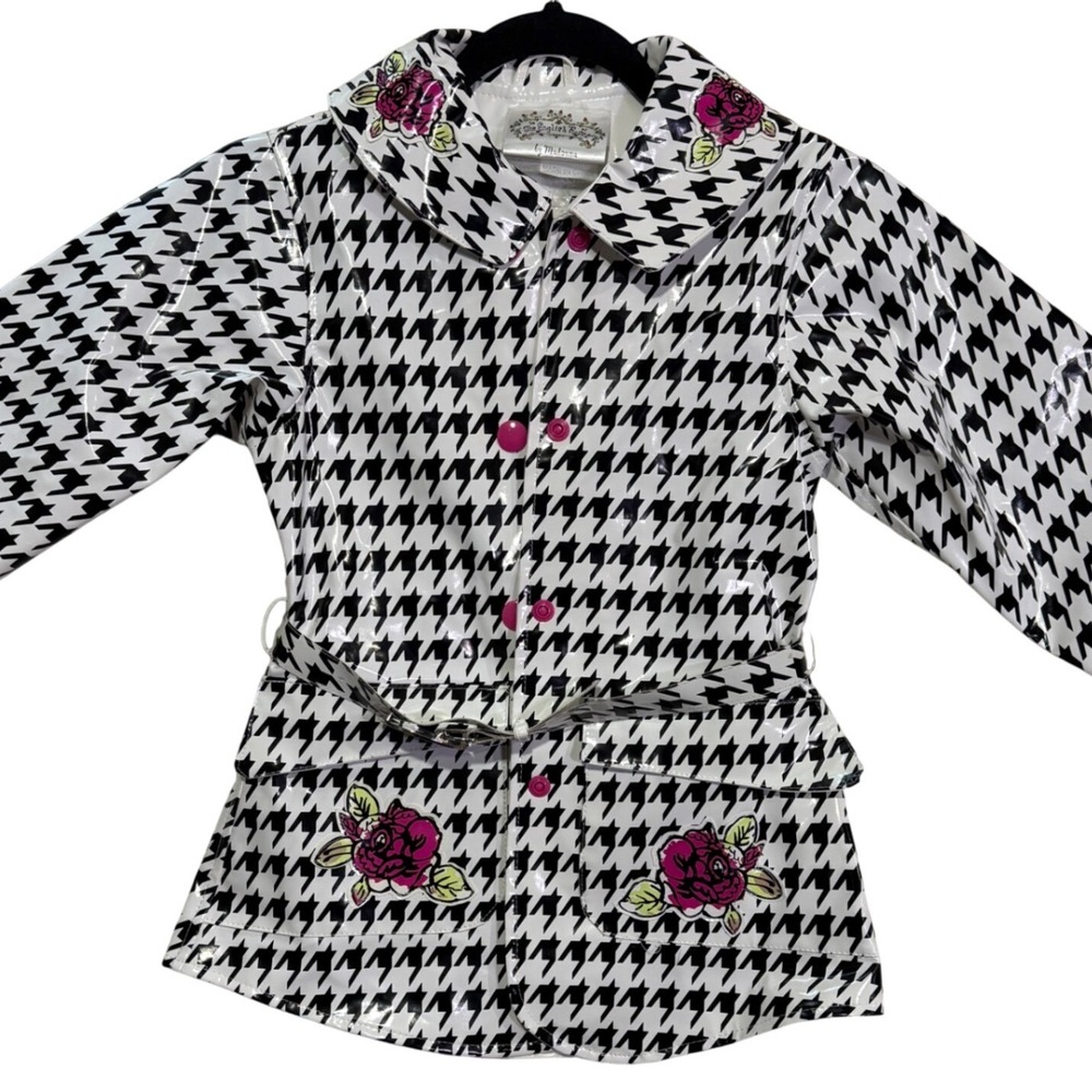 The English Rose by Madonna Kids Rain Jacket‎ Houndstooth Floral Belted Size 6X